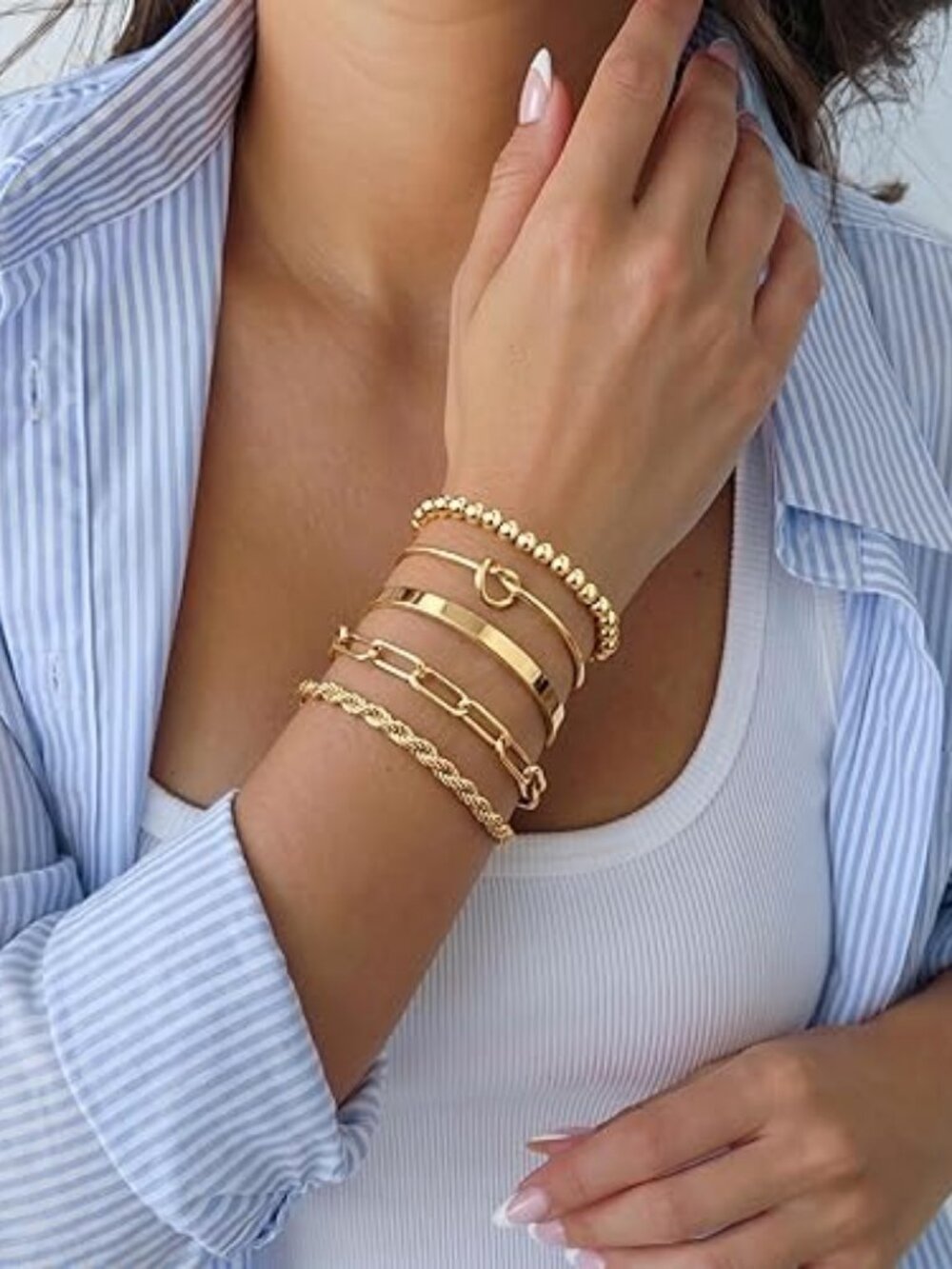 14K Gold Plated Stackable Bracelet Set for Women | Non-Tarnish Waterproof Cuban,